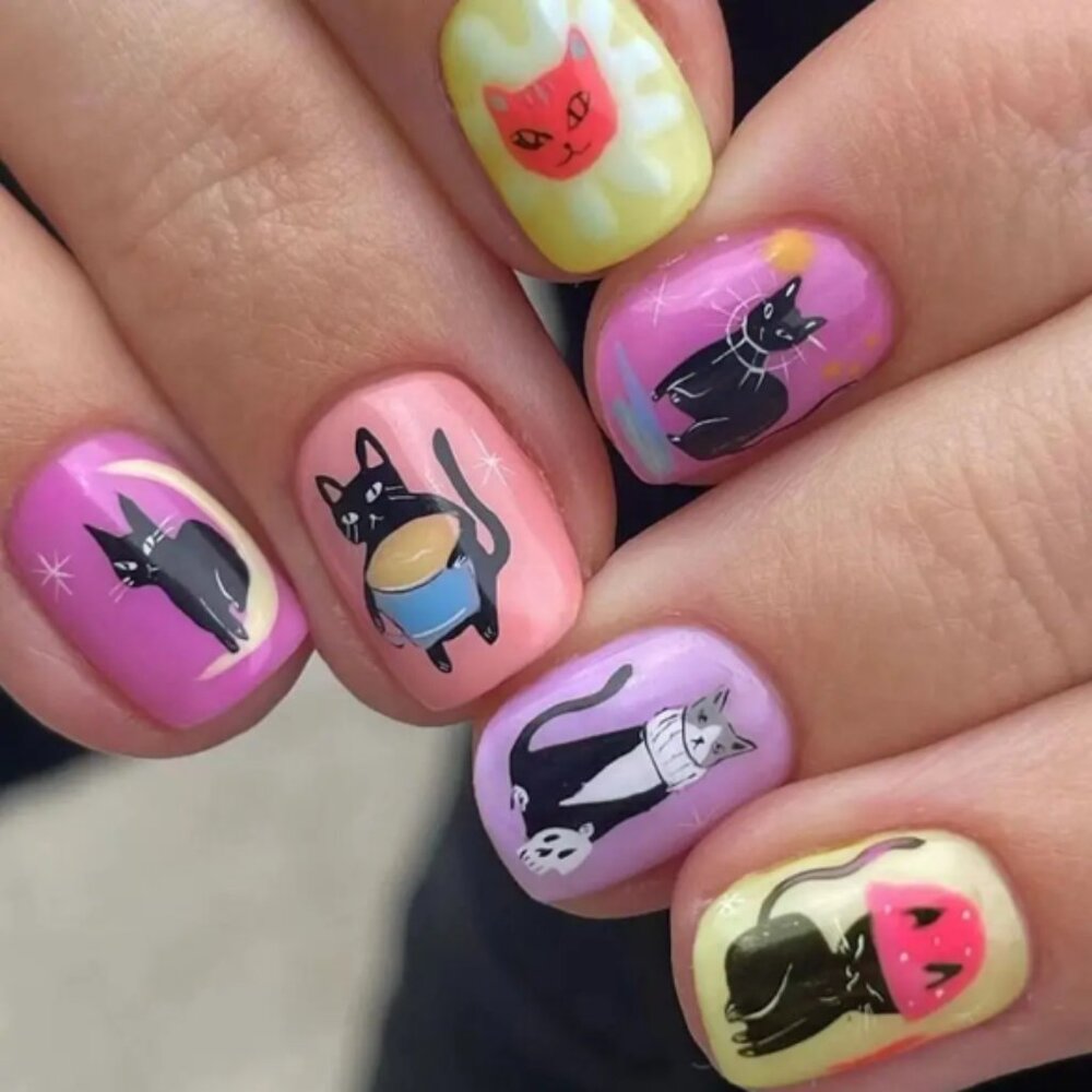 24 Pc Short Round Cats Cartoon False Artificial Press Glue On Nail - Picture 1 of 7